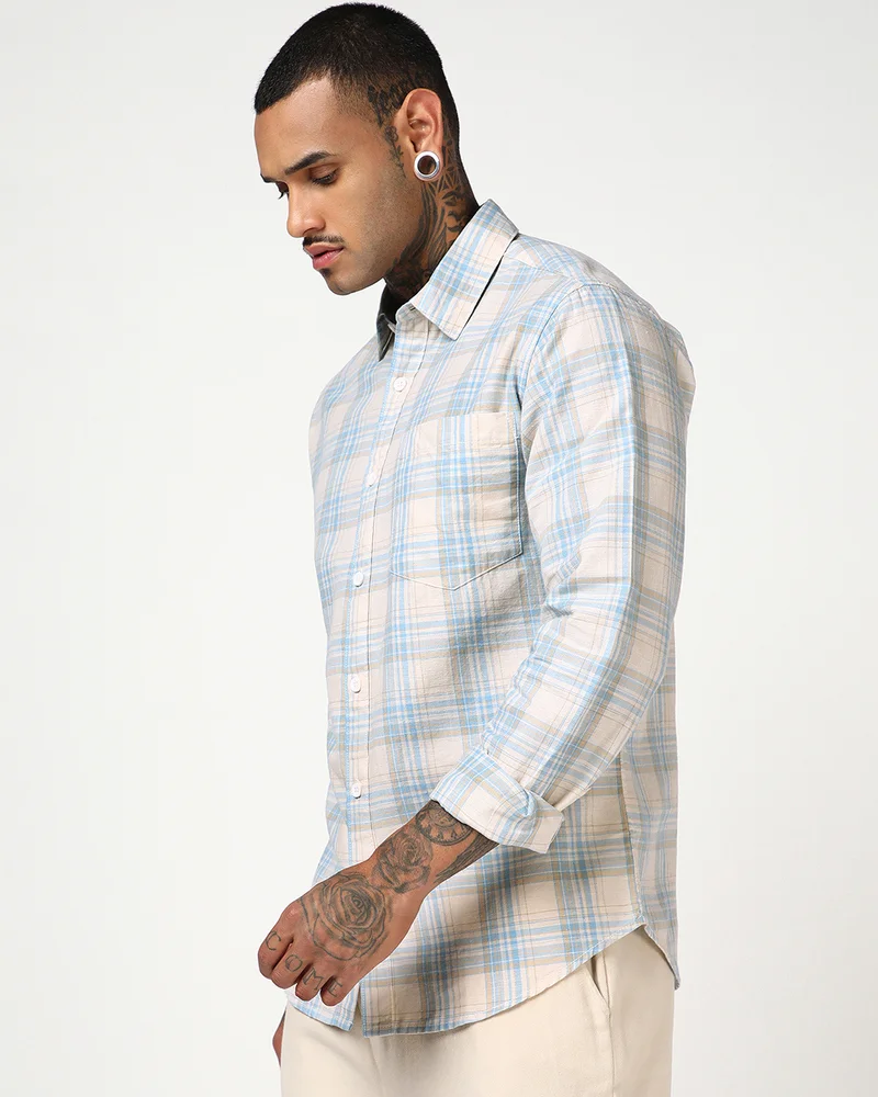 بيواكوف Men's Beige & Blue Checked Cotton Linen Shirt